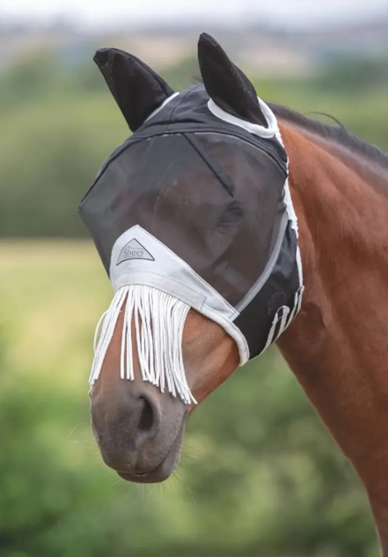 Shires FlyGuard Pro Fine Mesh Fly Mask With Ears And Fringe Black